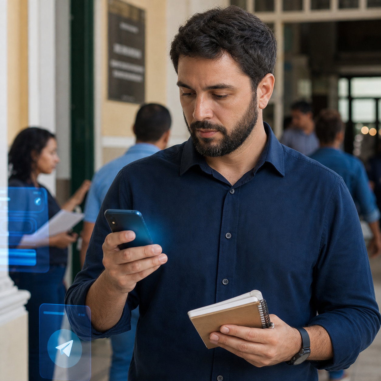 Assessor político enviando pauta pelo Telegram durante agenda pública